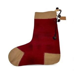 Primitive Wool / Muslin Christmas Stocking  W/ Jinglebells 14 Inches
